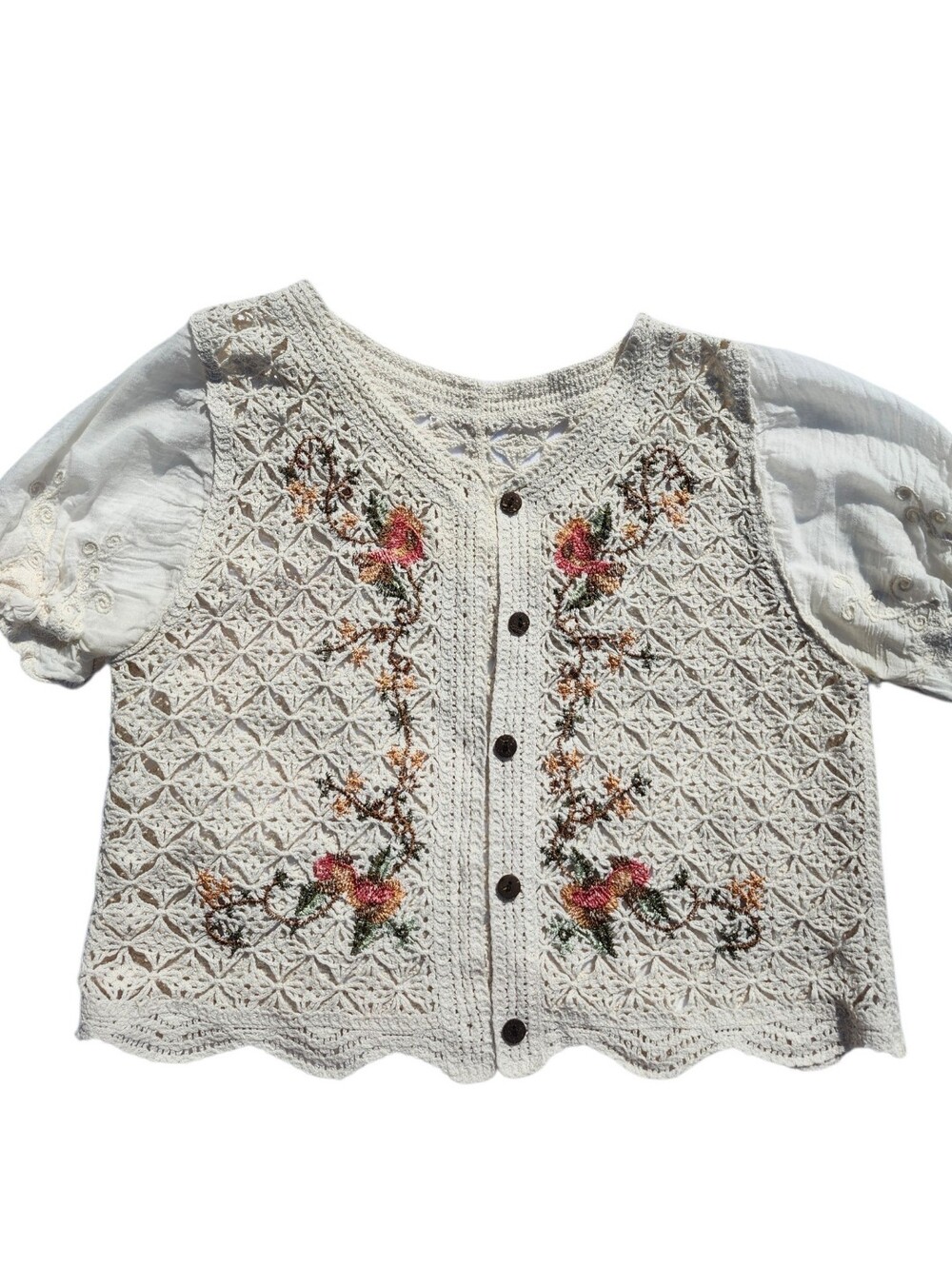 Open Knit Embroidered Floral Crochet Cardigan Ivory Scalloped Cottagecore Boho